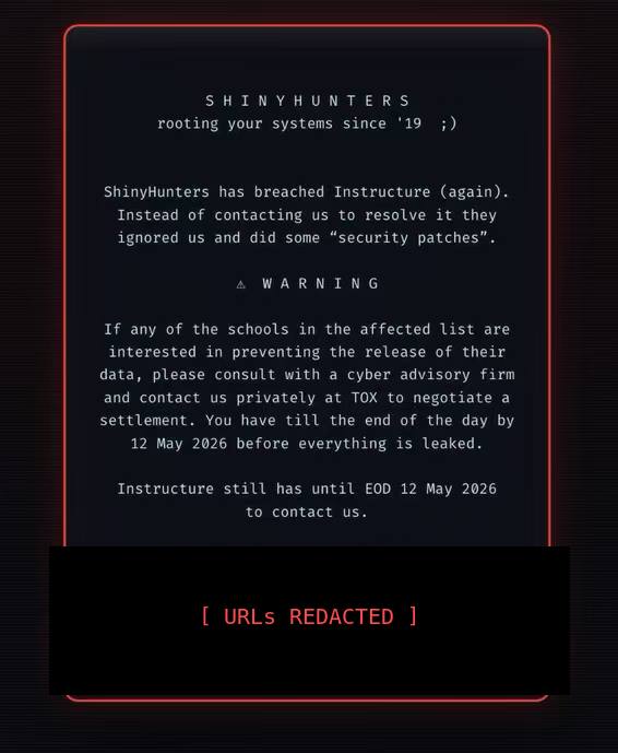 ShinyHunters ransom note left on the Canvas login page (sensitive URLs redacted)