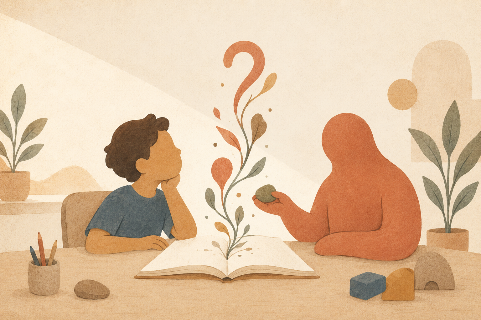 A child looking up at a question mark and new shoots growing from an open book, as someone beside them holds out a small stone